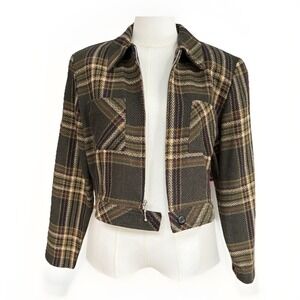 Vintage Plaid Check Herringbone Jacket Shacket Size SP Olive Green Dark Academia